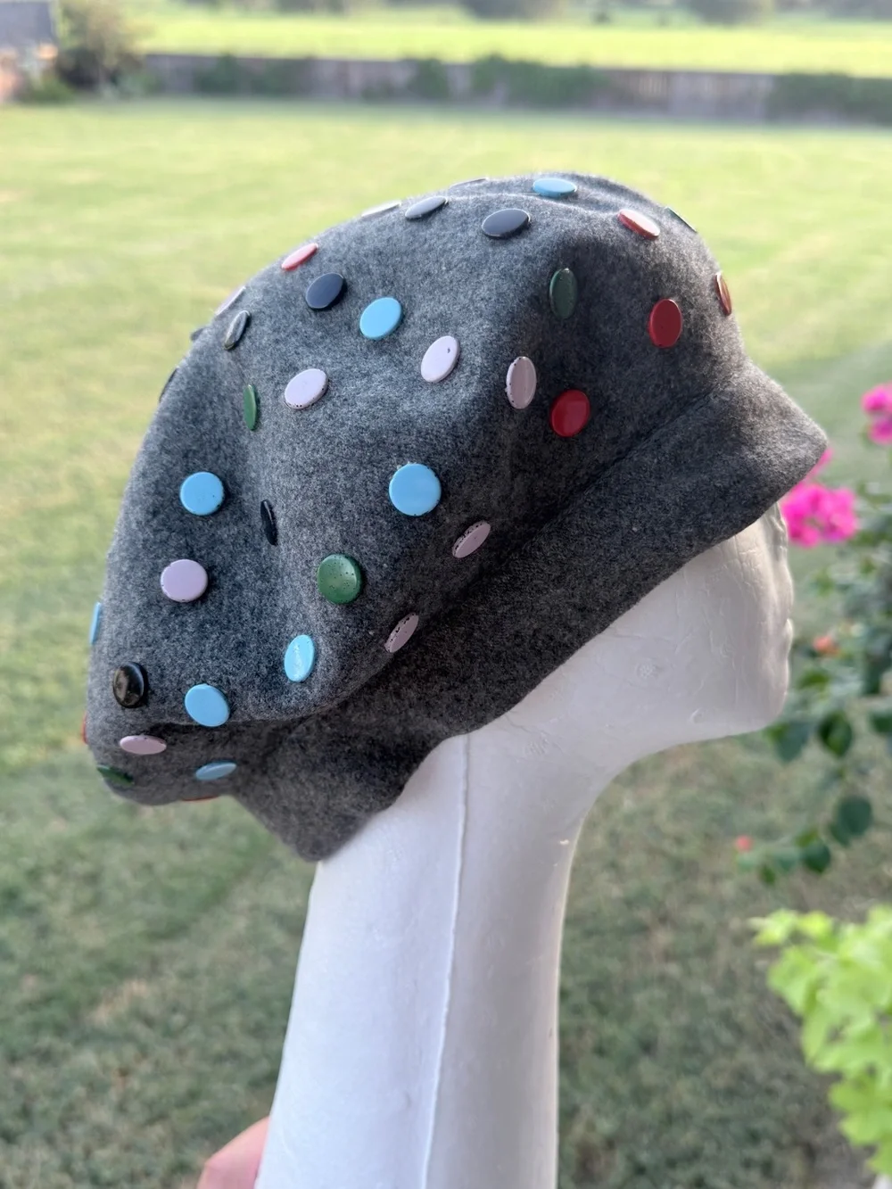 Vintage Norma Kamali for Stetson Wool Beret Gray Multicolor Studded Designer Hat